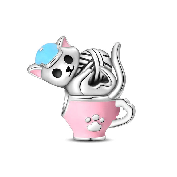 Cute Cat in a Pink Cup Charm with Whimsical Design - Cute cat in a pink enamel cup charm, adding a playful touch to charm bracelets.