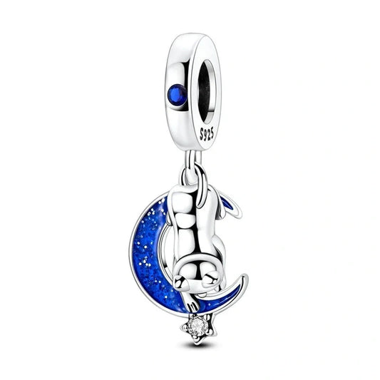 jewlouli cat on crescent moon with star dangle charm jewlouli jewelry fits pandora bracelet