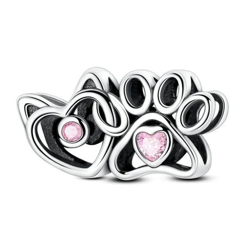 Cat & Paw Heart with Pink Crystals Charm