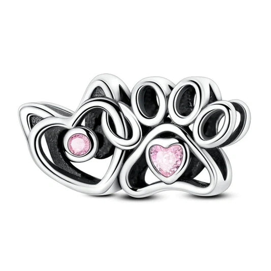 Cat & Paw Heart with Pink Crystals Charm