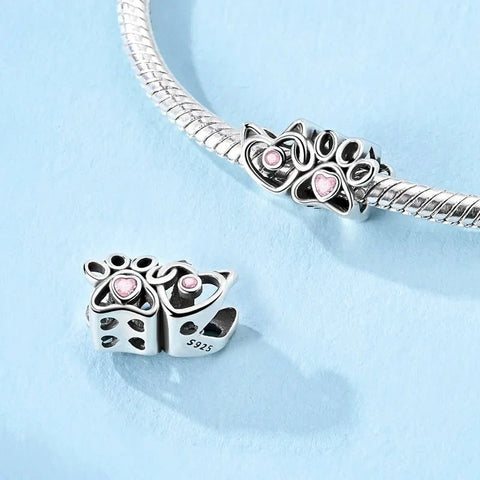 Cat & Paw Heart with Pink Crystals Charm - Cat & Paw Heart with Pink Crystals Charm