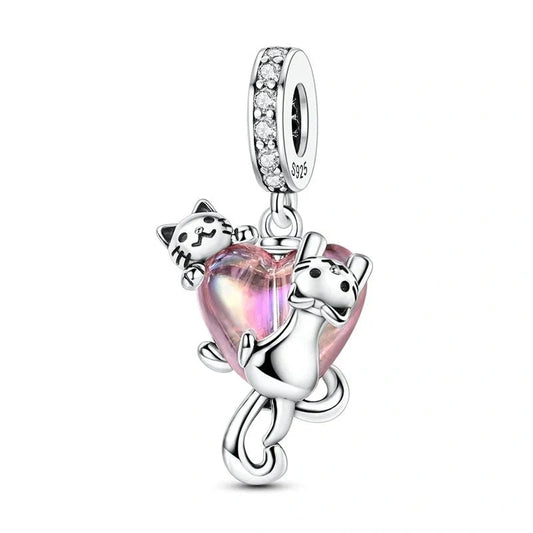 Cats Climbing Heart Crystal Dangle Charm