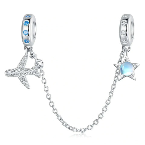 Celestial Star & Airplane with Blue Zircon Accents Safety Chain Charm - Celestial Star & Airplane with Blue Zircon Accents Safety Chain Charm