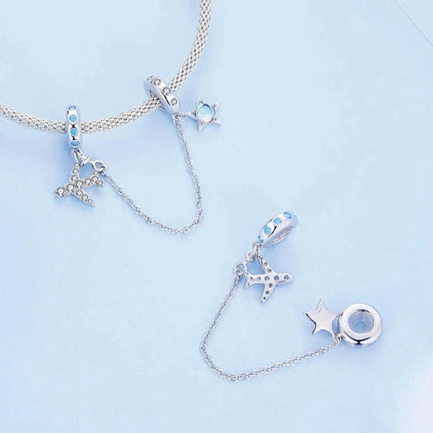 Celestial Star & Airplane with Blue Zircon Accents Safety Chain Charm - Celestial Star & Airplane with Blue Zircon Accents Safety Chain Charm