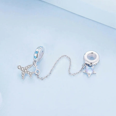 Celestial Star & Airplane with Blue Zircon Accents Safety Chain Charm