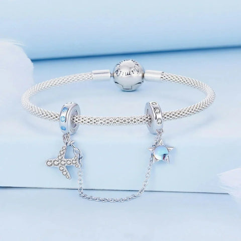 jewlouli celestial star airplane with blue zircon accents safety chain pandora charm jewelry fits pandora bracelet