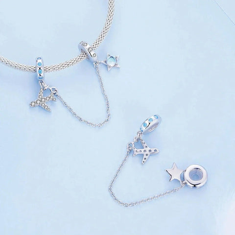 jewlouli celestial star airplane with blue zircon accents safety chain pandora charm jewelry fits pandora bracelet