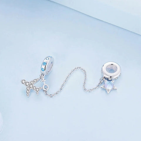 jewlouli celestial star airplane with blue zircon accents safety chain pandora charm jewelry fits pandora bracelet