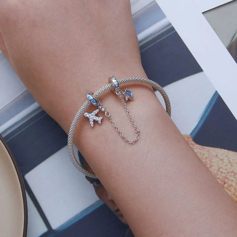 jewlouli celestial star airplane with blue zircon accents safety chain pandora charm jewelry fits pandora bracelet