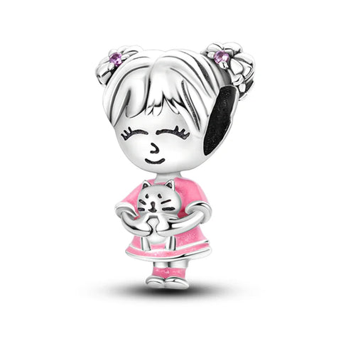 Sterling Silver Girl with Cat Charm with Enamel Accents