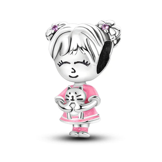Sterling Silver Girl with Cat Charm with Enamel Accents