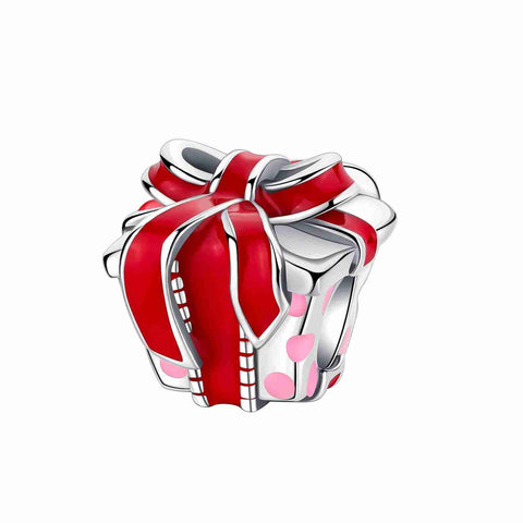 Sterling Silver Gift Box Charm with Red Enamel Bow - Sterling Silver Gift Box Charm with Red Enamel Bow