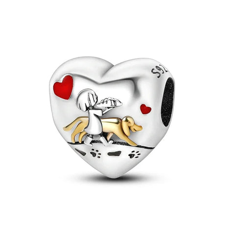 Sterling Silver Girl Walking Dog Charm with Enamel and Gold