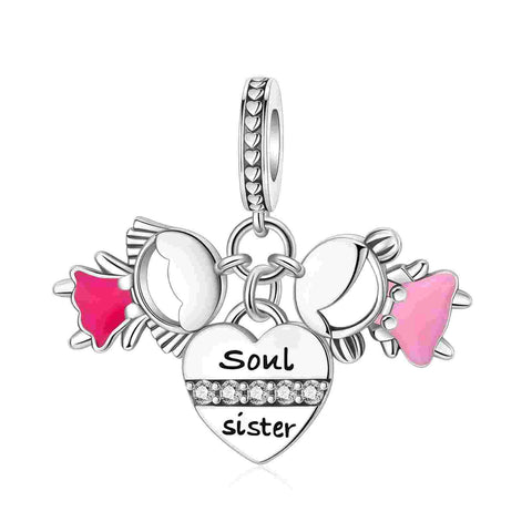 Sterling Silver Soul Sister Heart Charm with Enamel and Crystals - Sterling Silver Soul Sister Heart Charm with Enamel and Crystals