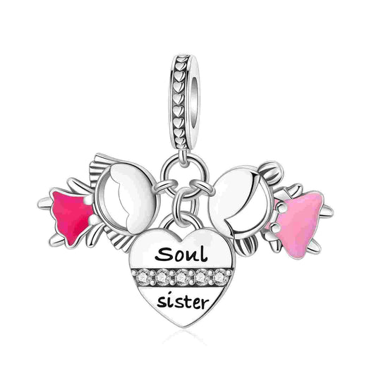 Sterling Silver Soul Sister Heart Charm with Enamel and Crystals