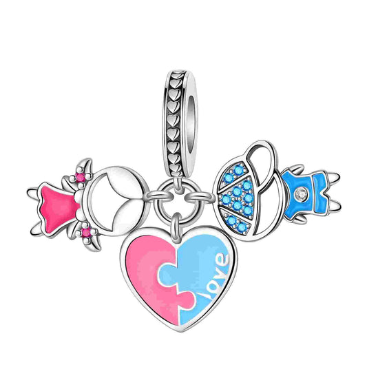 Sterling Silver Love Puzzle Heart Charm with Enamel and Crystals