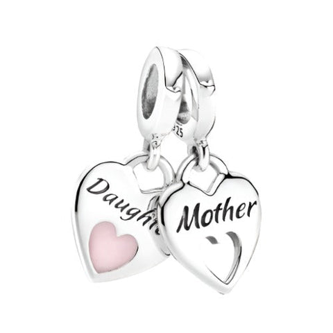 Sterling Silver Mother Daughter Heart Charm with Enamel - Sterling Silver Mother Daughter Heart Charm with Enamel