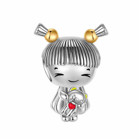 Sterling Silver Girl with Golden Bows Charm with Enamel and Crystals