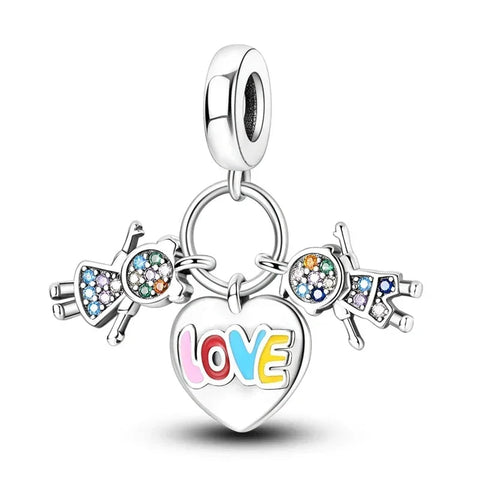 Sterling Silver Love Family Charm with Enamel and Crystals - Sterling Silver Love Family Charm with Enamel and Crystals