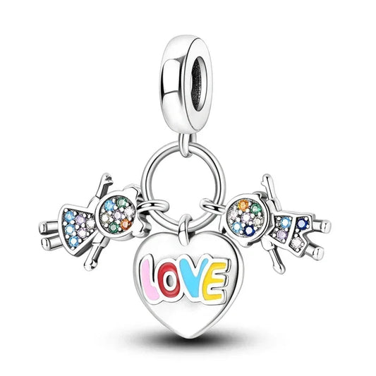 Sterling Silver Love Family Charm with Enamel and Crystals