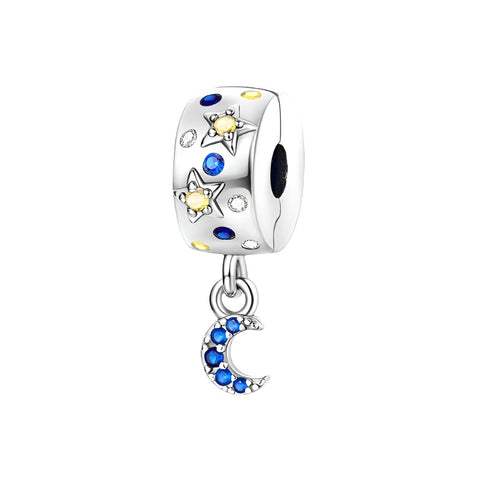 Sterling Silver Moon and Stars Charm with Crystals - Sterling silver moon and stars charm with blue and yellow crystals.