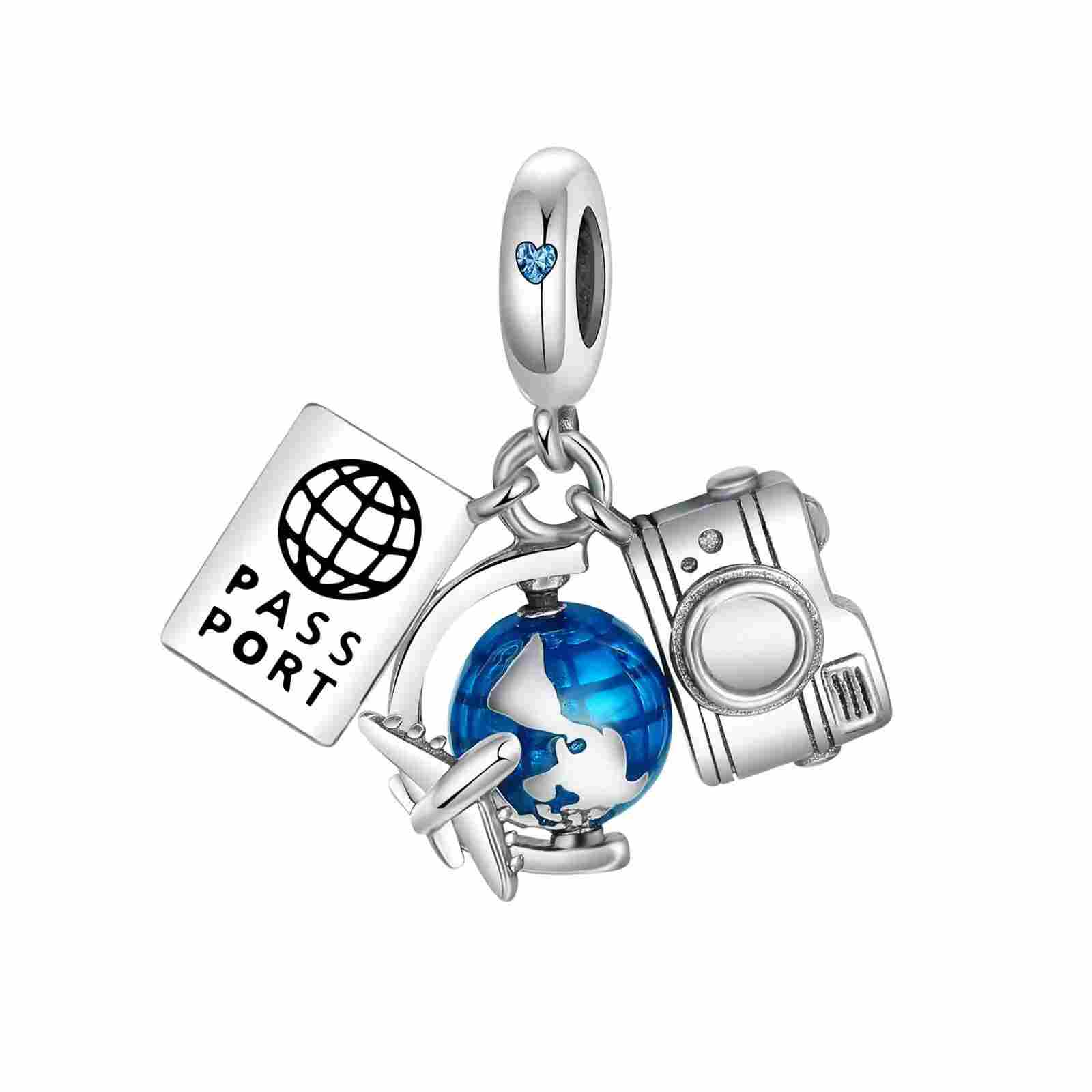 Sterling silver globe travel charm with passport, camera, and blue enamel.