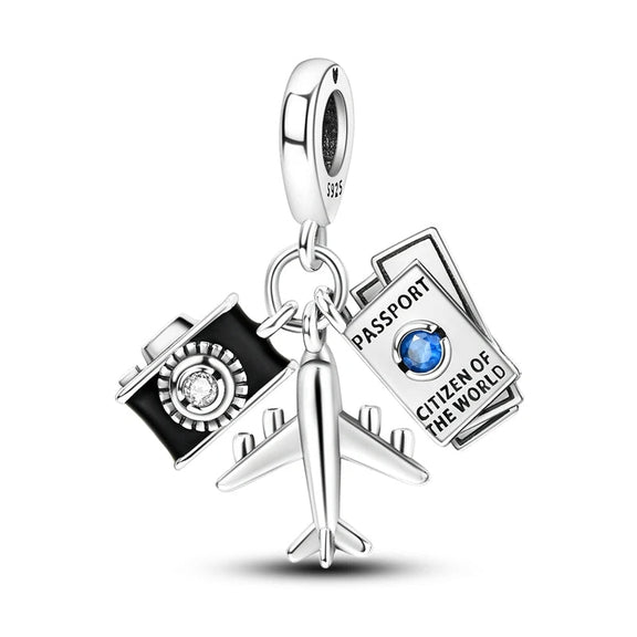 Sterling Silver Travel Charm with Passport, Camera, and Airplane - Sterling silver travel charm with passport, camera, and airplane details.