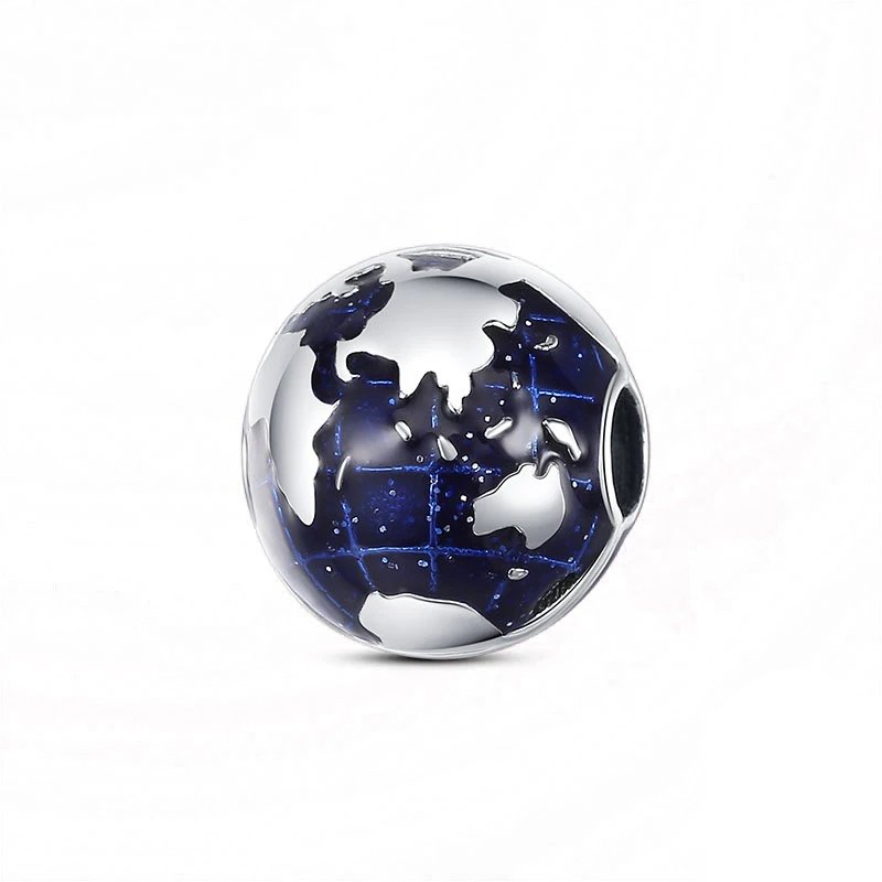 Sterling silver globe bead charm with enamel detailing.