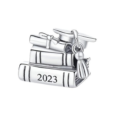 Sterling Silver Graduation Charm with Year - Sterling silver graduation charm with books, diploma, and cap, engraved with .