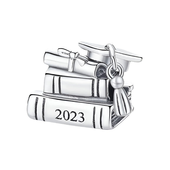 Sterling Silver Graduation Charm with Year 2023 - Sterling silver graduation charm with books, diploma, and cap, engraved with 2023.