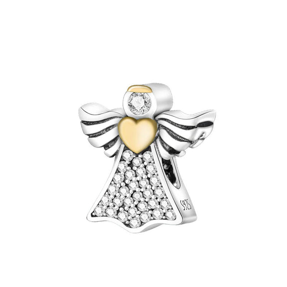 Sterling Silver Angel Charm with Gold Heart - Sterling silver angel charm with gold heart and crystals.