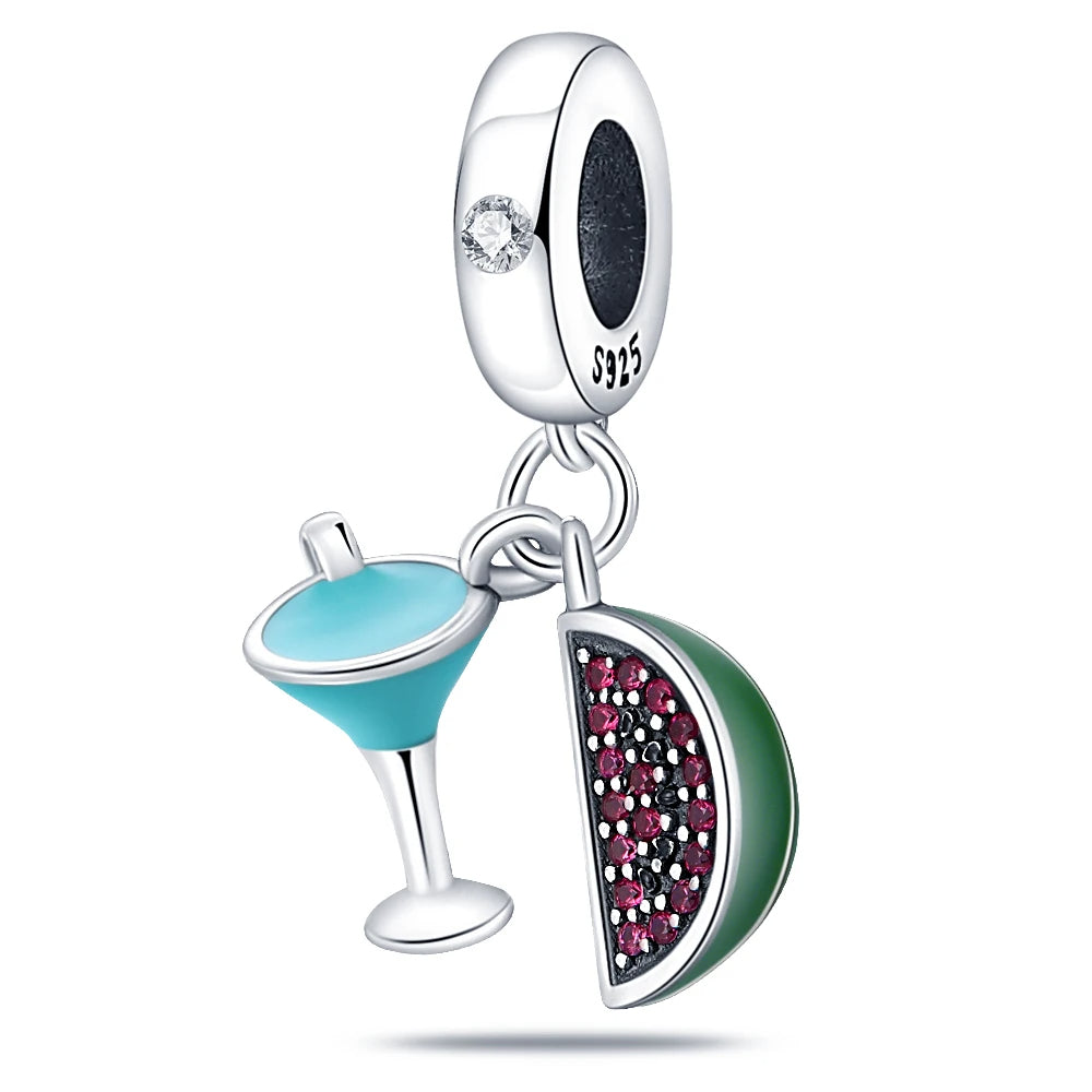 Sterling silver cocktail and watermelon charm with enamel and crystals.