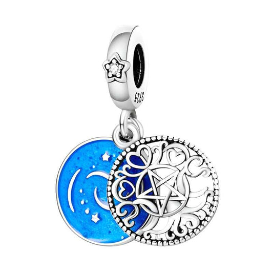 Sterling silver pentacle and moon charm with blue enamel.