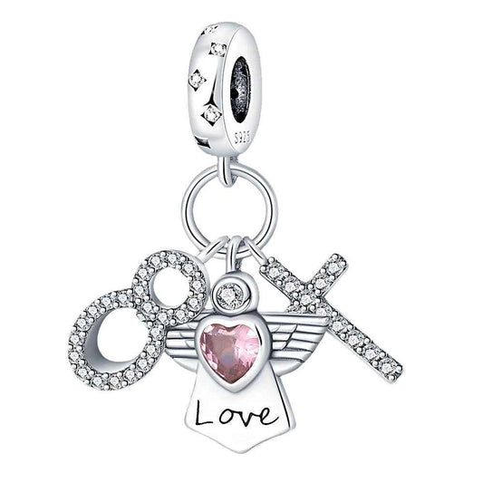 Sterling silver infinity angel love charm with pink heart and crystals.