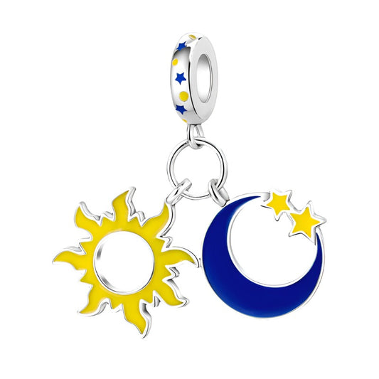 Sterling silver sun, moon, and stars charm with colorful enamel.