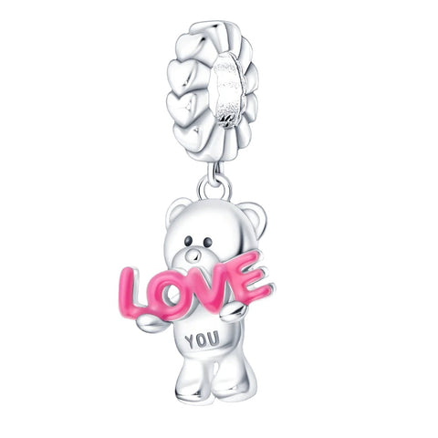 Sterling Silver Love Bear Charm - Sterling silver love bear charm with pink enamel.
