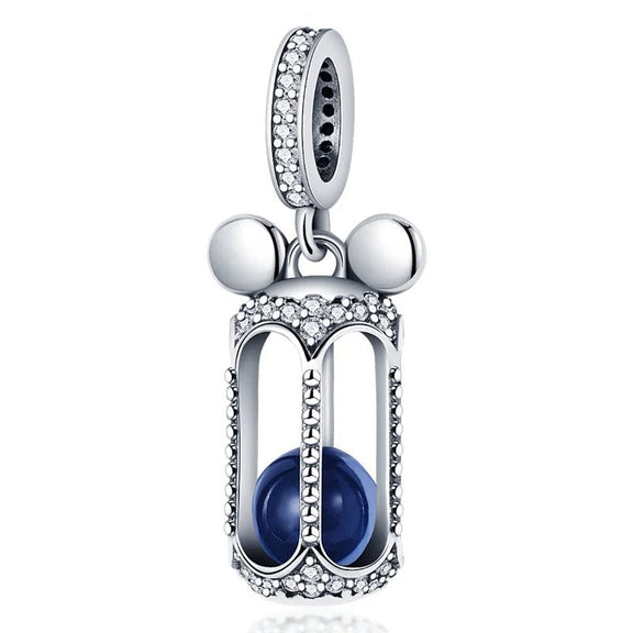 Sterling Silver Hourglass Dangle Charm with Blue Enamel - Sterling silver hourglass dangle charm with blue enamel and cubic zirconia accents.