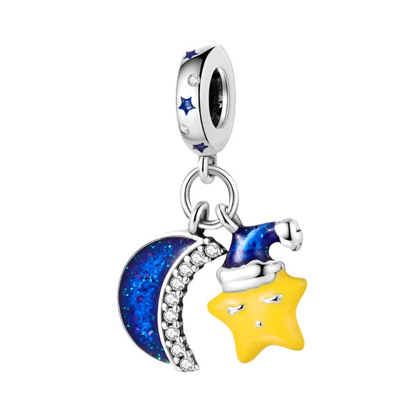 Sterling Silver Moon and Star Charm - Sterling silver galaxy charm with blue and purple enamel.