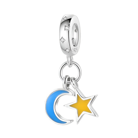 Sterling Silver Moon and Star Dangle Charm - Sterling silver galaxy charm with blue and purple enamel.