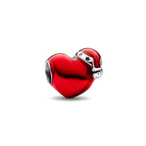 Festive Red Heart Charm with Santa Hat in Sterling Silver - Festive Red Heart Charm with Santa Hat in Sterling Silver