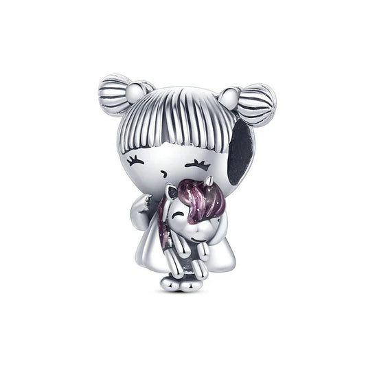 Sterling Silver Girl with Unicorn Charm with enamel