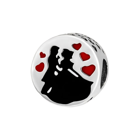 Sterling Silver Couple Silhouette Charm - Sterling Silver Couple Silhouette Charm with enamel hearts