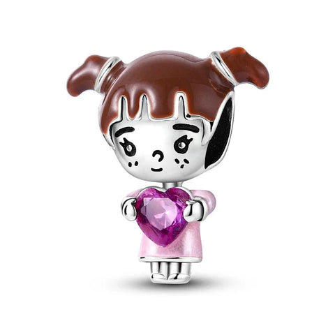 Sterling Silver Girl with Purple Heart Charm - Sterling Silver Girl with Purple Heart Charm with enamel