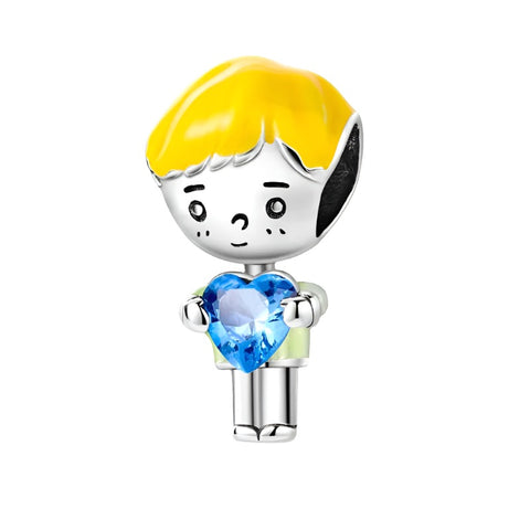 Sterling Silver Boy with Blue Heart Charm - Sterling Silver Boy with Blue Heart Charm with enamel