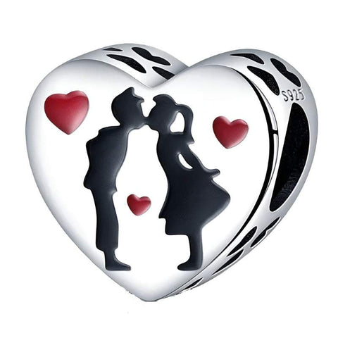 Sterling Silver Couple Kissing Charm - Sterling Silver Couple Kissing Charm with enamel hearts