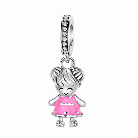 Sterling Silver Girl in Pink Dress Charm with enamel