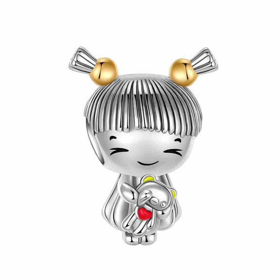 Sterling Silver Girl with Golden Bows Charm with Enamel and Crystals - Sterling Silver Girl with Golden Bows Charm with enamel and crystals