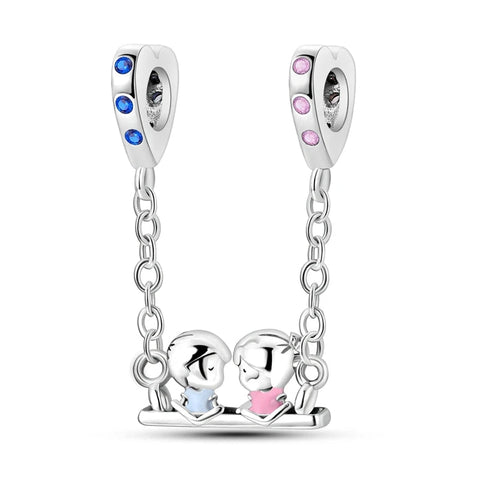 Sterling Silver Kids on Swing Charm - Sterling Silver Kids on Swing Charm with enamel and crystals