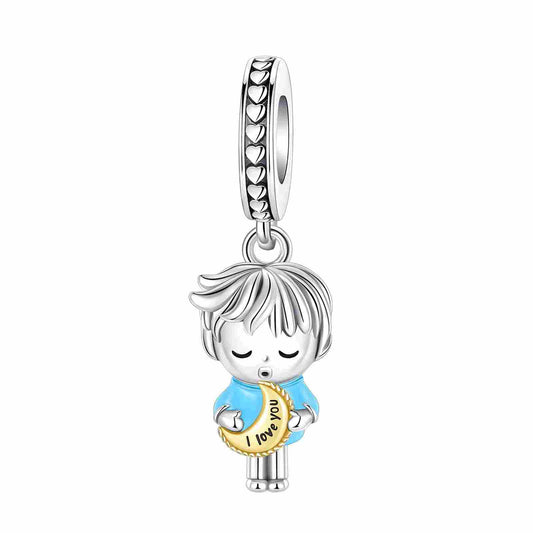 Sterling Silver Boy with Moon Dangle Charm and enamel