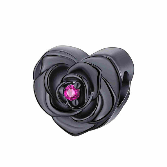 Sterling Silver Black Rose Charm - Sterling Silver Black Rose Charm with pink crystal